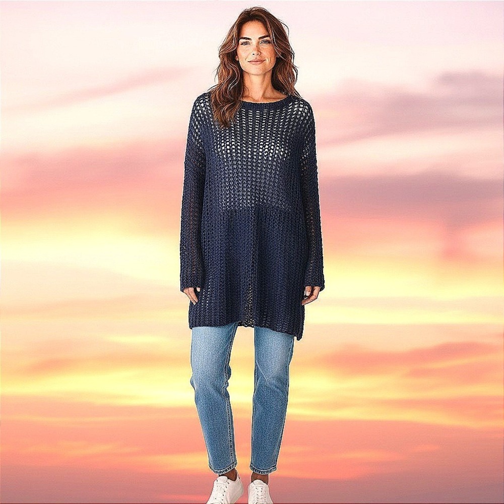 Vince Sweater Womens Medium Navyβ Blue Chunky Open Knit Tunic Boat Neck Pullover